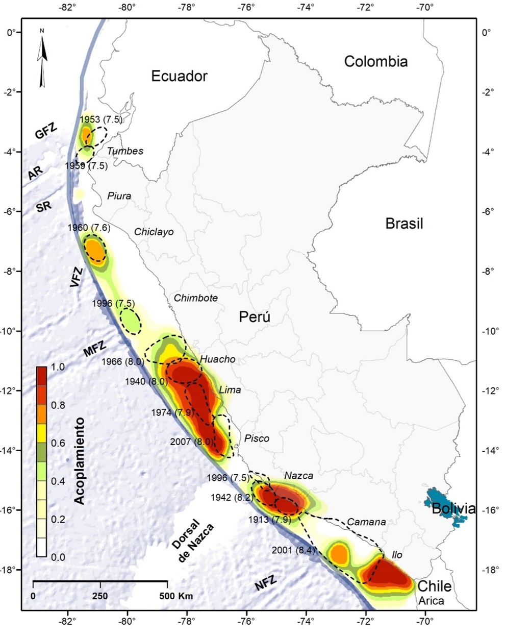 Zonas de máximo acoplamiento sísmico